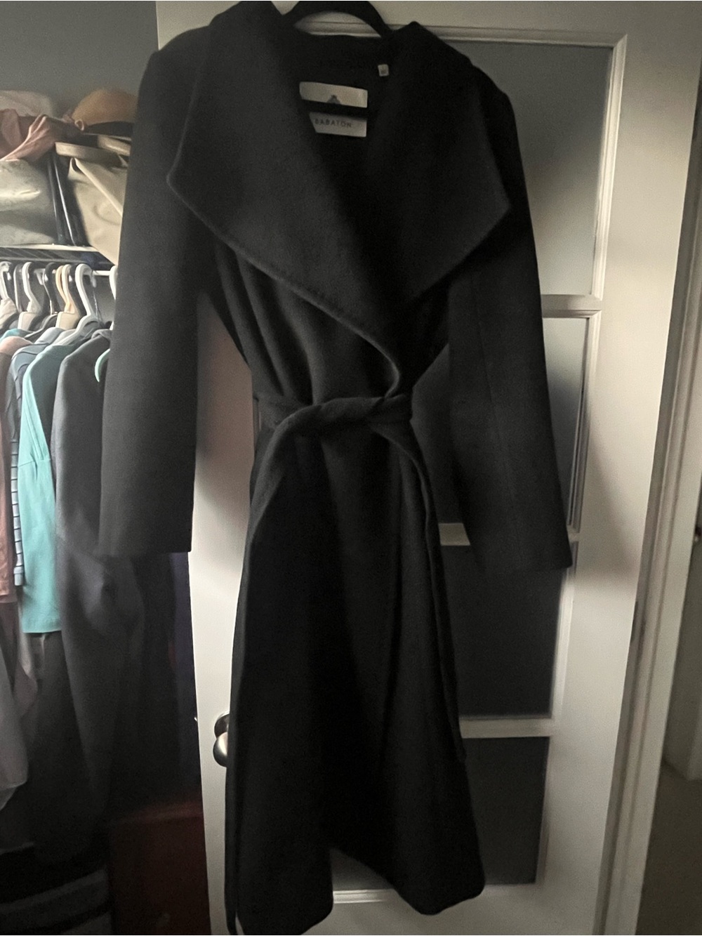 Babaton Black vegan Wool Belted Wrap Coat Dress